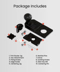 Top Shelf Nine In One Router Jig Kit For Weekend Warriors includes trim router jig, edge guide, and vac attachment parts.