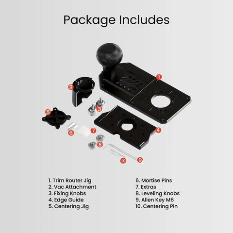 Top Shelf Nine In One Router Jig Kit For Weekend Warriors includes trim router jig, edge guide, and vac attachment parts.