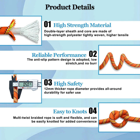 Half Inch By 100 Ft Double Braid Arborist Rigging Rope For Tree Work Climbing Hauling And Logging With High Tensile Low Stretch 48 Strand Polyester Bull Rope Orange, showing product details on strength, performance, safety, and knotting.