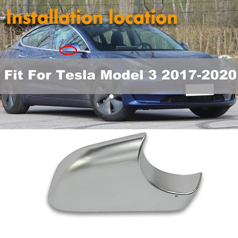 Premium Chrome Mirror Lower Cap For Tesla Model 3 Right Side Rearview Wing Tray Replacement displayed with installation location.