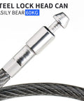Close-up of 23.6 Inch Steel Cable Lock With Protective PVC Coating and 60 kg steel lock head for outdoor security use.