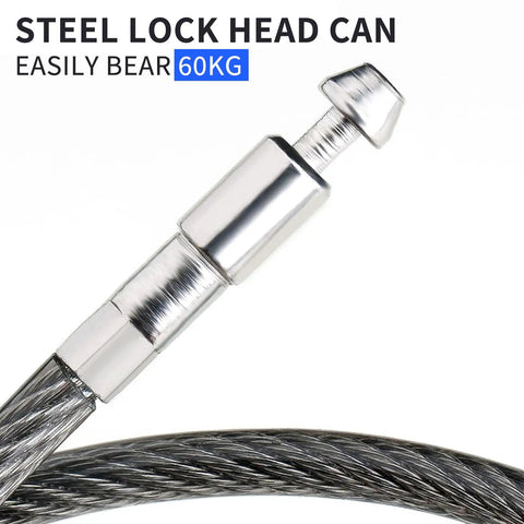 Close-up of 23.6 Inch Steel Cable Lock With Protective PVC Coating and 60 kg steel lock head for outdoor security use.