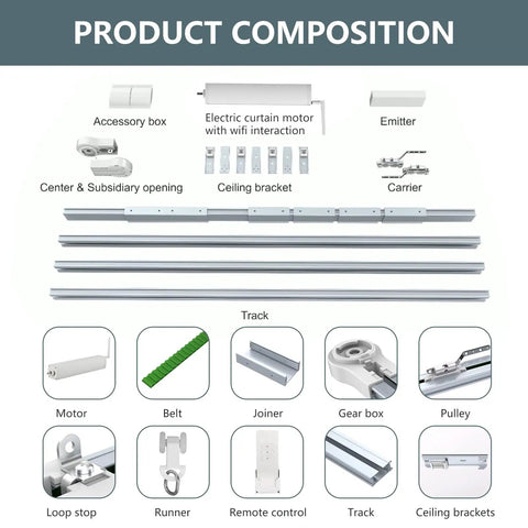Smart Curtain Track System With WiFi Phone Control And Voice Control For Alexa And Google Home Tuya App Remote Access Motorized Curtain Rods For Auto Opening And Closing Works With Remote 125 Feet, white ceiling track parts