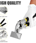 Gloved hand holding Pro Grade 3 Inch Curved Jaw Offset Hand Seamer for sheet metal bending with high-quality steel and ergonomic grip.