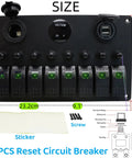 8 Gang Rocker Switch Panel With 15A Reset Circuit Breaker, All In One Dual USB Charger 2.1A, LED Voltmeter, labeled dimensions