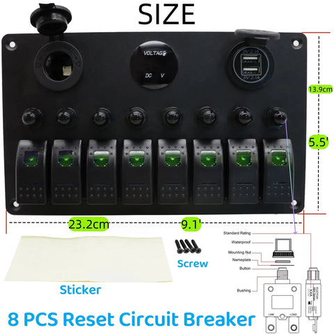 8 Gang Rocker Switch Panel With 15A Reset Circuit Breaker, All In One Dual USB Charger 2.1A, LED Voltmeter, labeled dimensions