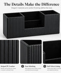 Detailed view of black PU Leather Desk Organizer And Pen Holder For Office with compartments and stitching highlights