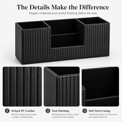Detailed view of black PU Leather Desk Organizer And Pen Holder For Office with compartments and stitching highlights