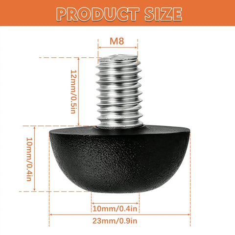 M8 stainless steel furniture leveler with 12mm shaft and 23mm nylon base, used to upgrade your home setup with eight piece adjustable M8 furniture levelers featuring tough stainless steel build non marking nylon base smooths wobbly tables and sturdy desks.