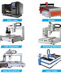 CNC machines including lathe, router, dispenser, soldering machine, auto screwdriver, laser cutter in a manufacturing setup.