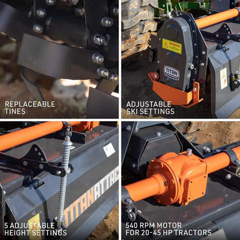 72 Inch 3 Point Rototiller Attachment For Category 1 Tractors, PTO Driven Cultivator With 540 RPM Gearbox, detailed features view
