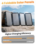 Outdoor Power Bank With 48000mAh Solar Charger featuring 4 foldable solar panels on rocky terrain under blue sky.