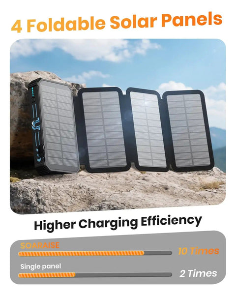 Outdoor Power Bank With 48000mAh Solar Charger featuring 4 foldable solar panels on rocky terrain under blue sky.