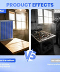 Comparison of a workshop with and without a 75 Drawer Nut And Bolt Bins Organizer With Alloy Steel Construction Double Groove Anti Fall System Labels And Dividers Heavy Duty Hardware Storage Cabinet For Workshops Garages Studios And Makerspaces.