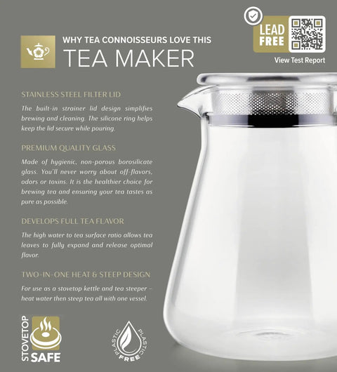 One-Touch 2-In-1 Tea Maker Teapot And Kettle With Stainless Steel Filter Lid For Loose Tea, Stain-Free Borosilicate Glass, 27 Oz Capacity