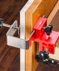 Rock Solid Stainless Steel Drawer Panel Clamp With Zero Hassle Adjustable Side Mount and Precision Knob holding wooden panels firmly in place.