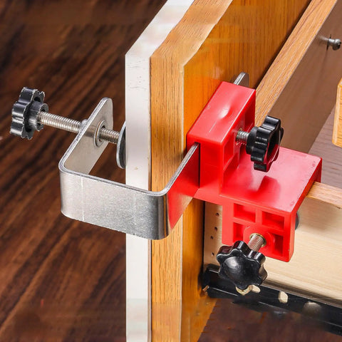Rock Solid Stainless Steel Drawer Panel Clamp With Zero Hassle Adjustable Side Mount and Precision Knob holding wooden panels firmly in place.