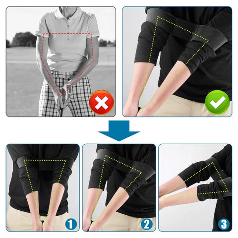 Golf Grip Trainer And Swing Corrector Arm Band Training Combo for secure grip and smoother swings shown in use.