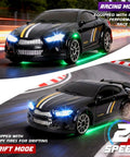 Mini RC Drift Car One Sixty Fourth Scale with LED Lights demonstrated in dual speed modes, highlighting racing and drift capabilities.