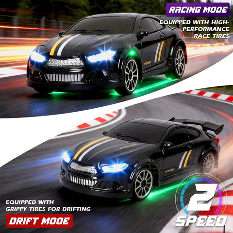 Mini RC Drift Car One Sixty Fourth Scale with LED Lights demonstrated in dual speed modes, highlighting racing and drift capabilities.
