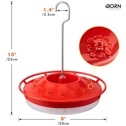 Bee Proof Hummingbird Feeder With Ant Moat And 14 Feeding Ports 13 Oz Saucer Style Outdoor Hanging Hummingbird Feeder For Gardens And Patios No Leak Design Easy To Clean And Refill Red Color 2 Pack, showing dimensions and detailed view of feeding ports.