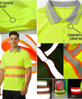 Custom High Visibility Safety Polo Shirt Quick Dry Reflective Work Uniform With Moisture Wicking Fabric Built For The Daily Grind And Crew Hustle Heavy Duty Industrial Gear Dark Blue featuring reflective tape and short sleeve cuff.