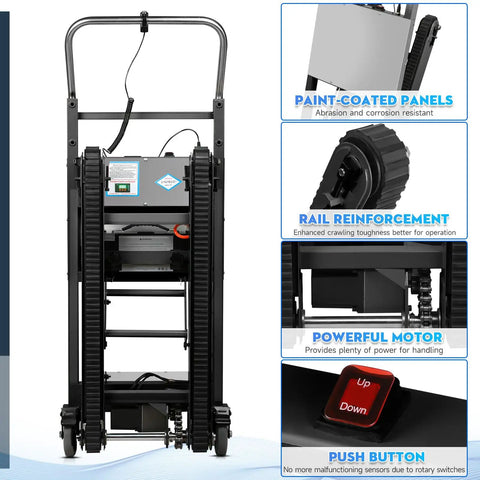Electric Stair Climbing Dolly 1250W Motorized Hand Truck With Telescopic Handle Beast Mode Heavy Duty Cart Up To 900 Lb Load 3 Mode Power Assist Aluminum Frame With Non Slip Tires For Moving Heavy Gear Up Stairs Black Track, front view