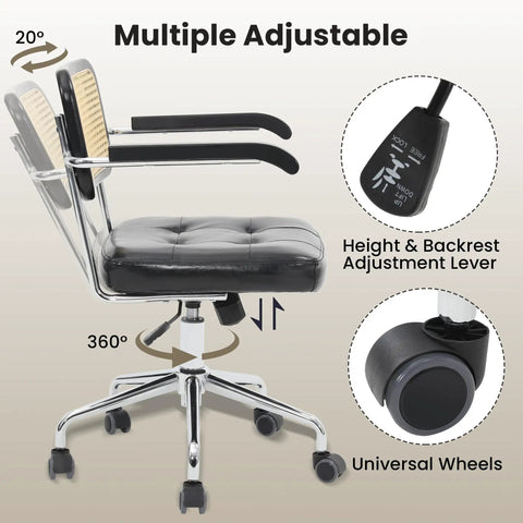 360 Degree Swivel Office Chair With Wheels, Tilting Rattan Desk Chair, Height Adjustable Armrests, PU Leather, Ergonomic Backrest Side View