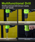 Cordless Drill Kit With 12V Power Drill, Battery And Charger, shown in different drilling modes.