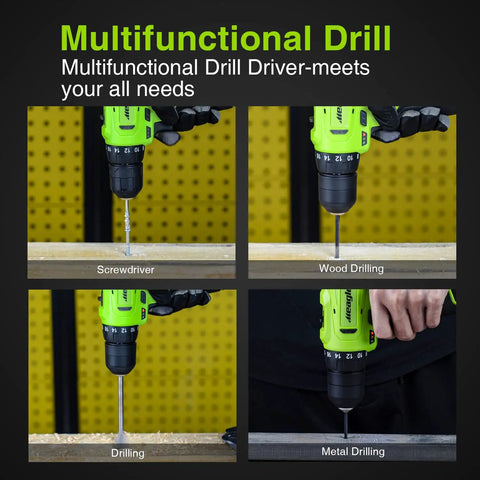 Cordless Drill Kit With 12V Power Drill, Battery And Charger, shown in different drilling modes.