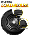 Flat Free Lawn Mower Tire and Wheel Set 11 By 6.00 By 5 Front Solid Tires for Zero Turn Mowers, heavy duty 400 lb load, close-up view.