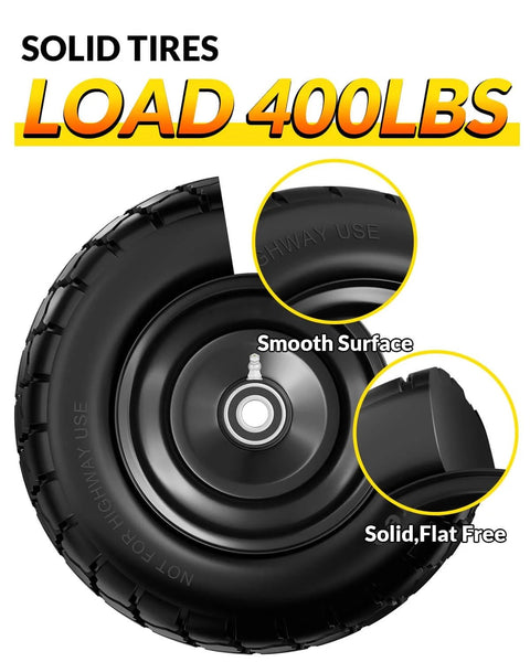 Flat Free Lawn Mower Tire and Wheel Set 11 By 6.00 By 5 Front Solid Tires for Zero Turn Mowers, heavy duty 400 lb load, close-up view.