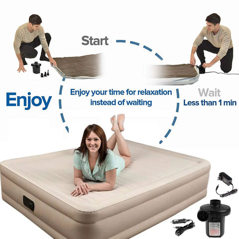 Woman relaxing on air bed with Electric Air Pump For Inflatables And Air Beds Quick Fill For Pools Boats Rafts Camping Gear