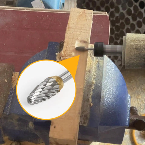 Double-cut rotary bit grinding wood in vise, inset focus on carbide burr detail for Carbide Burrs Set With One Eighth Inch Shank Twenty Pieces Double Cut Rotary Bits For Metal Wood Stone Steel Grinding Carving Cutting Polishing Dremel Compatible Tools For Pros And DIY Enthusiasts.