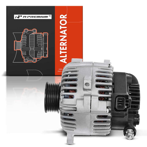 Premium 12V High Output Alternator For Hyundai And Kia V6 2.7L Engines With 6 Groove Pulley front view with packaging