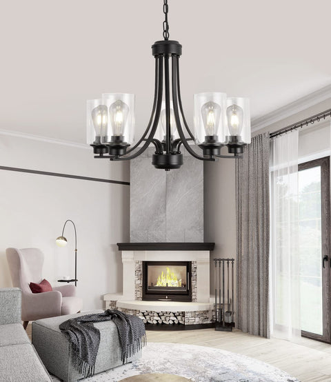 Living room with Five Light Matte Black Farmhouse Industrial Chandelier With Clear Glass Shades, fireplace, and modern decor.