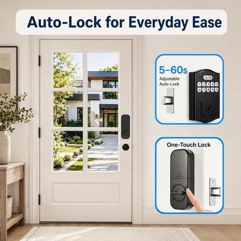 Slick Keyless Entry Door Lock With Keypad Electronic Deadbolt for front door, featuring auto-lock mode and keypad access.