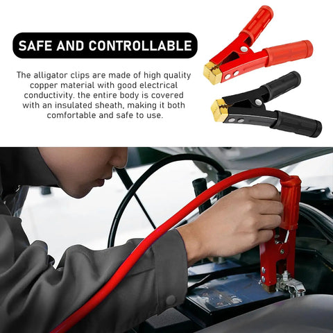 Heavy Duty Insulated Alligator Clips For Battery Jumper Cables High Amp Crocodile Clamps used on a battery with a person connecting them.