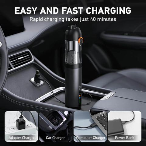 Super Handy 4 In 1 Cordless Car Vacuum With 18000Pa Suction And Brushless Motor shown charging in car console.