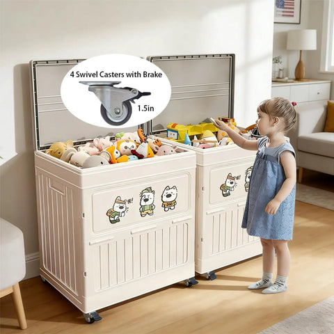 Dead Silent TPR Rubber Swivel Casters With Parking Brake Lock on toy storage bins, 1.5-inch gentle wheels safe for flooring.