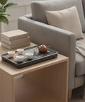 Zero Drip Drama Gongfu Tea Station Serving Tray With Imitation Ebony Stone Finish And Smart Catch Basin Design Keeping Your Living Room Setup Totally Stress Free All Day on wooden table with teapot and cups.