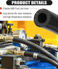 Close-up of 3/8 in ID fuel line hose (black NBR rubber) with metal fittings and clamps in an automotive fuel system