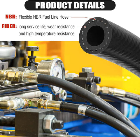 Close-up of 3/8 in ID fuel line hose (black NBR rubber) with metal fittings and clamps in an automotive fuel system