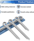 Four 304 stainless steel cotter pins with looped heads and flat ends on a blue background.