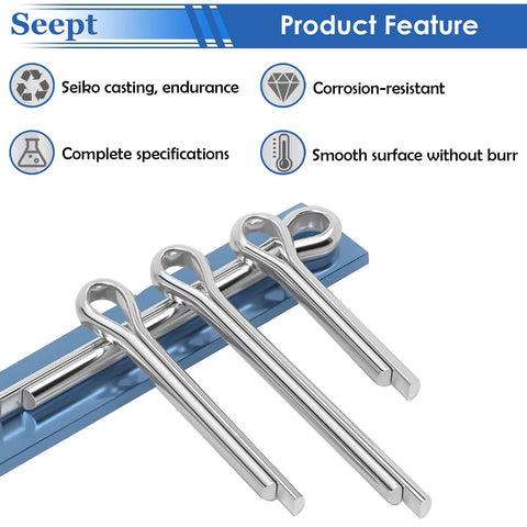 Four 304 stainless steel cotter pins with looped heads and flat ends on a blue background.