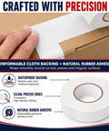 White Cloth Duct Tape Half Inch By 60 Yards No Hassle Peel Residue Free Grip Heavy Duty Rubber Adhesive shown on box for securing purposes.