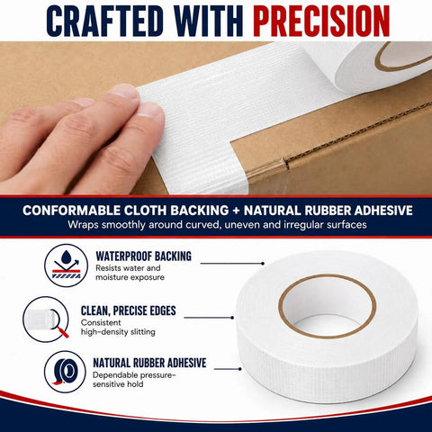 White Cloth Duct Tape Half Inch By 60 Yards No Hassle Peel Residue Free Grip Heavy Duty Rubber Adhesive shown on box for securing purposes.