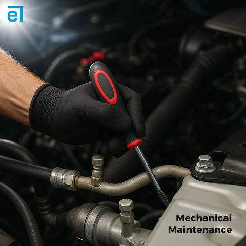 Ride Or Die PU Coated Safety Work Gloves With Breathable Black Nylon Liner For Job Site Toughness And Fingertip Precision In Solid Industrial Protection Gear That Holds Up, gripping a screwdriver during mechanical maintenance.
