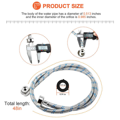 4 Ft Stainless Steel Washer Hoses With 90 Degree Elbows 2 Pack No Lead Burst Proof Hot And Cold Water Supply Lines Featuring Size Details