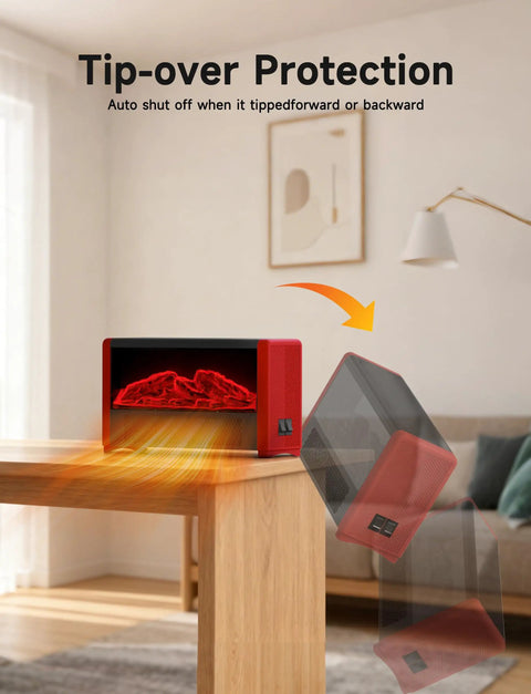 Cozy 600W Realistic Flame Space Heater For Desk And Home Office Fast Heat Portable Mini Electric Heater showing tip-over safety feature